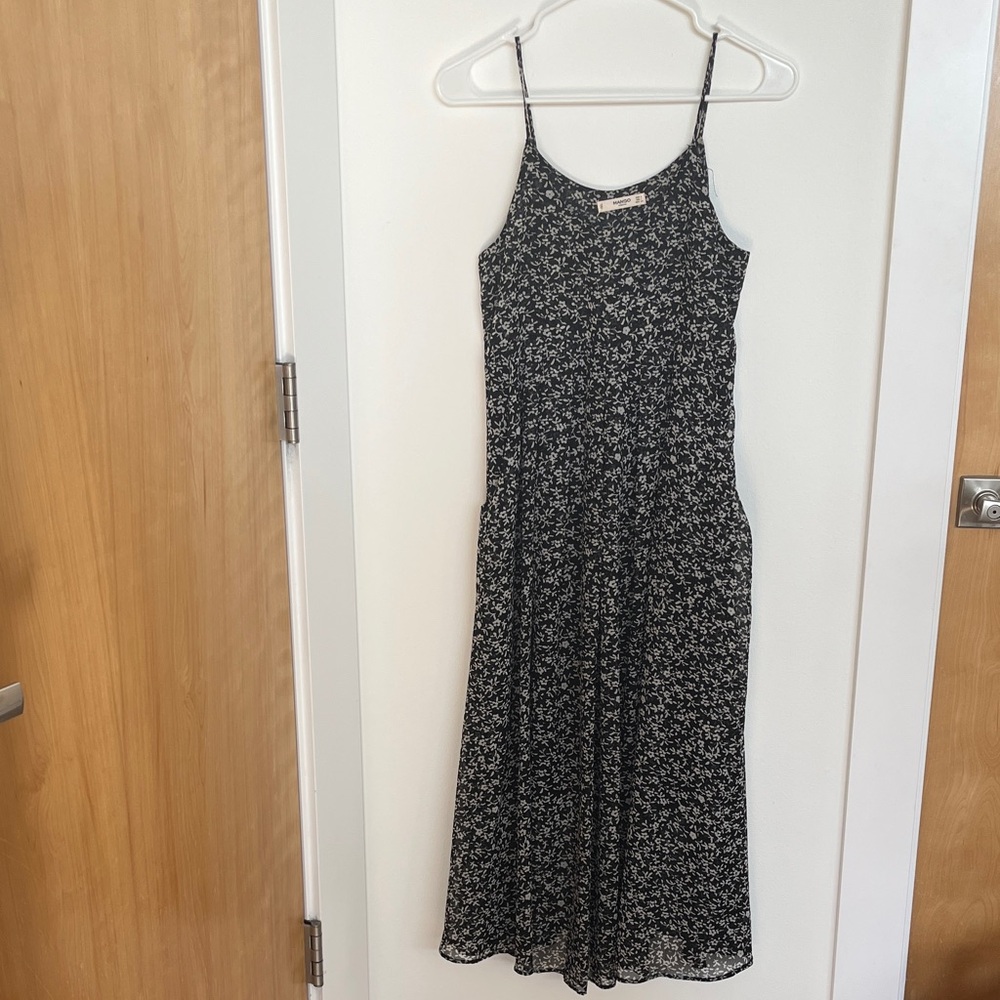 Mango Black Floral Spaghetti-Strap Midi Dress Sz 4